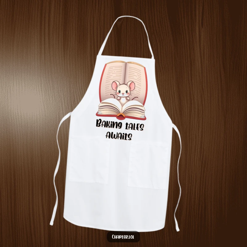 Funny apron featuring a tiny mouse peeking out of a large cookbook, adding a touch of literary humor to cooking.