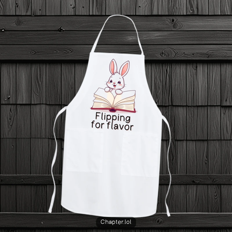 Funny apron featuring an energetic bunny turning the pages of a large cookbook, adding a touch of cheerful humor to cooking.