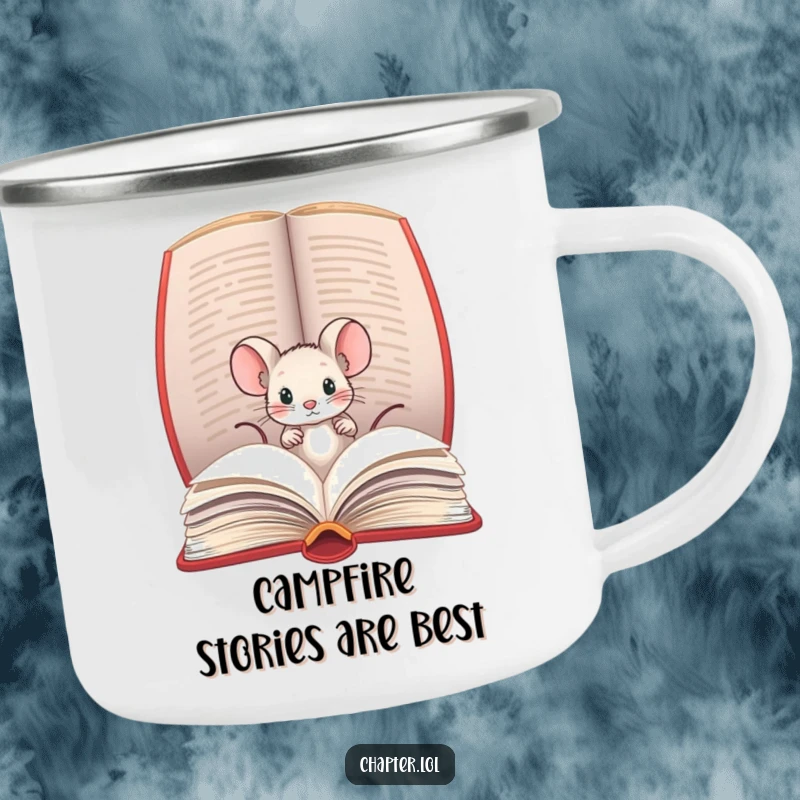 Funny camping mug with a tiny mouse peeking out of a large book, designed for literary adventurers in the great outdoors.