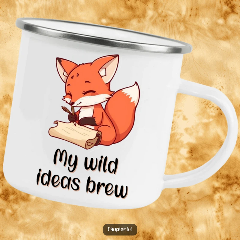 Funny Camping Mug with a sly red fox holding a quill, perhaps planning an adventure, ideal for outdoor humor.