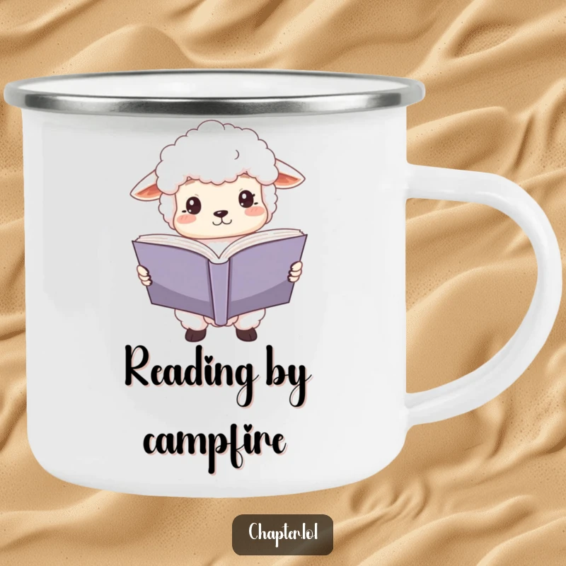 Funny sheep scholar camping mug with a fluffy white sheep holding a large open book, eyes wide with focus. Durable and humorous for readers.