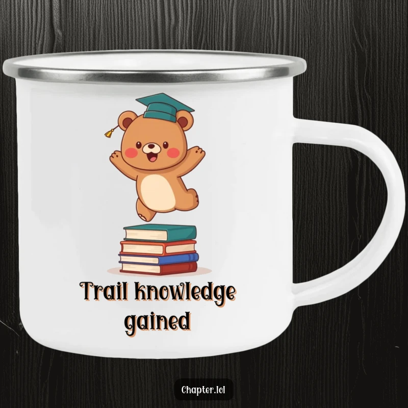 Funny graduation bear camping mug with an energetic brown bear wearing a cap, leaping over a stack of books. Durable and humorous for outdoor celebrations.