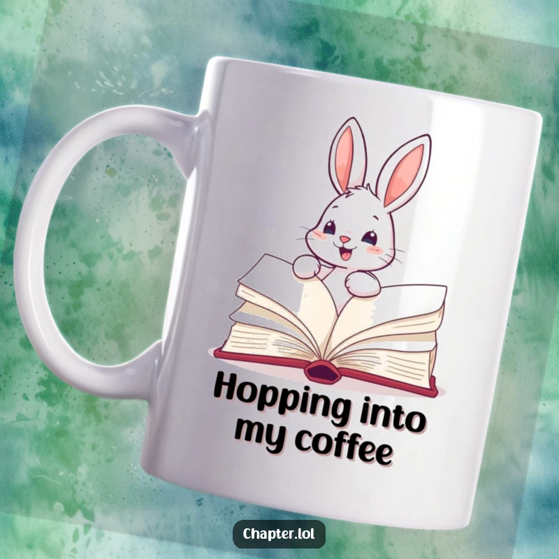 Funny mug showing an energetic bunny enthusiastically turning the pages of a gigantic book, celebrating the joy of reading.