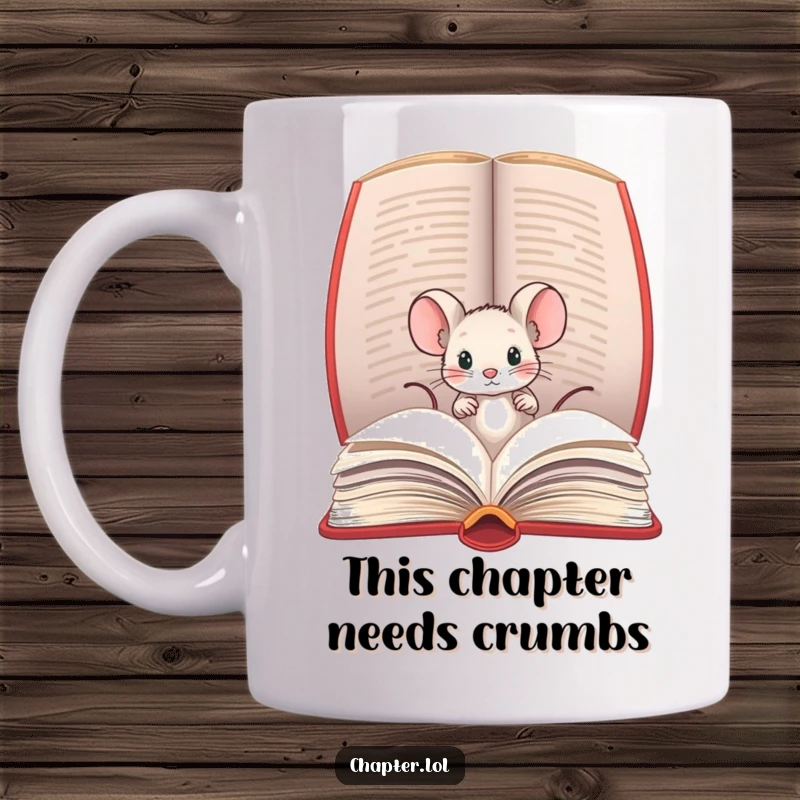 Funny mug showing a small, adorable mouse peeking out from the center of a large, open book, hinting at secrets within.