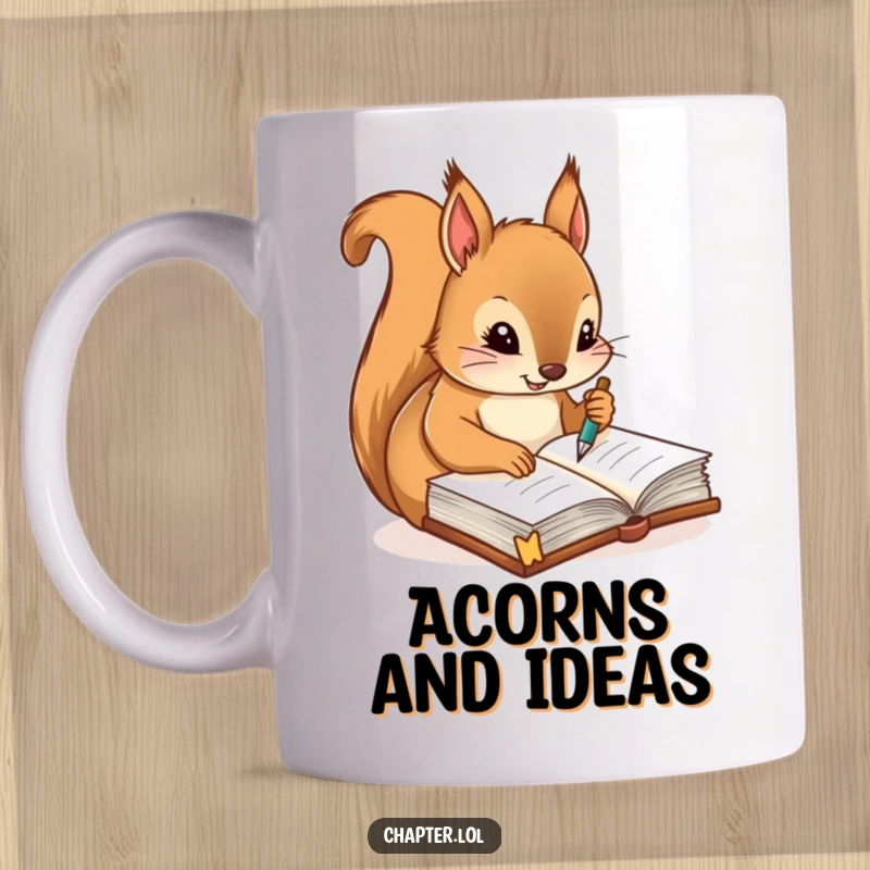 Funny mug showcasing a diligent squirrel using a quill pen to write notes in a journal, embodying focus and organization.