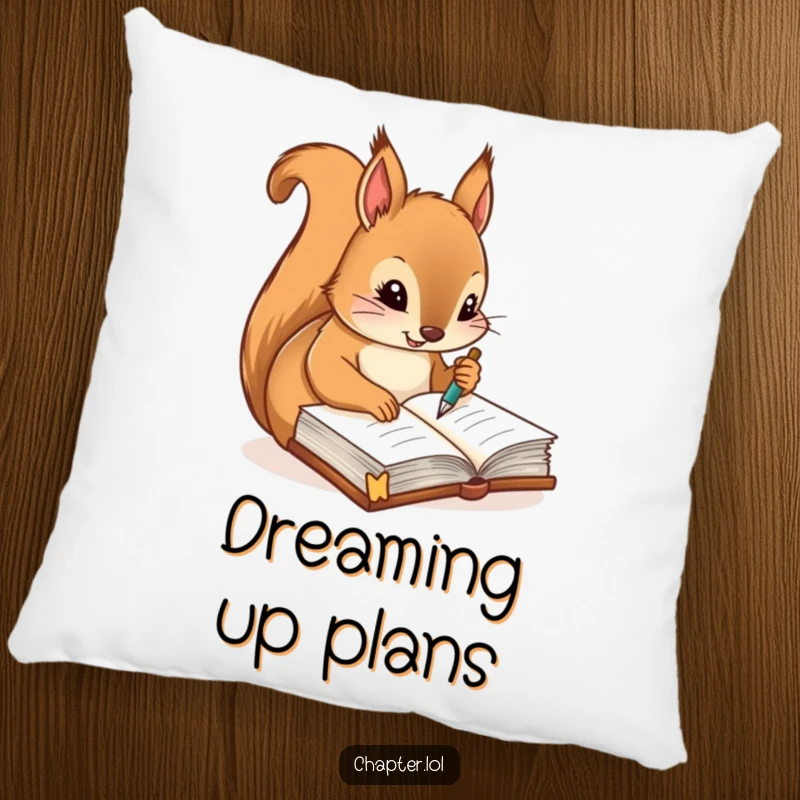 Funny pillow with a diligent squirrel writing notes with a quill pen in a journal, adding a touch of organized comfort.