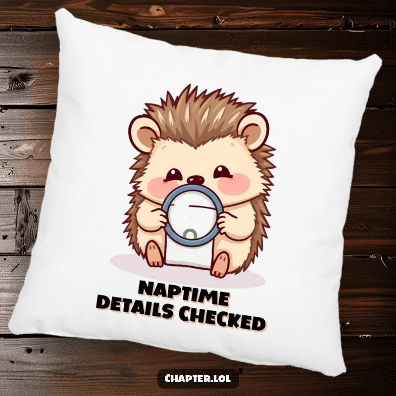 Funny pillow with a cheerful hedgehog holding a magnifying glass over a tiny letter, adding a touch of observant comfort.
