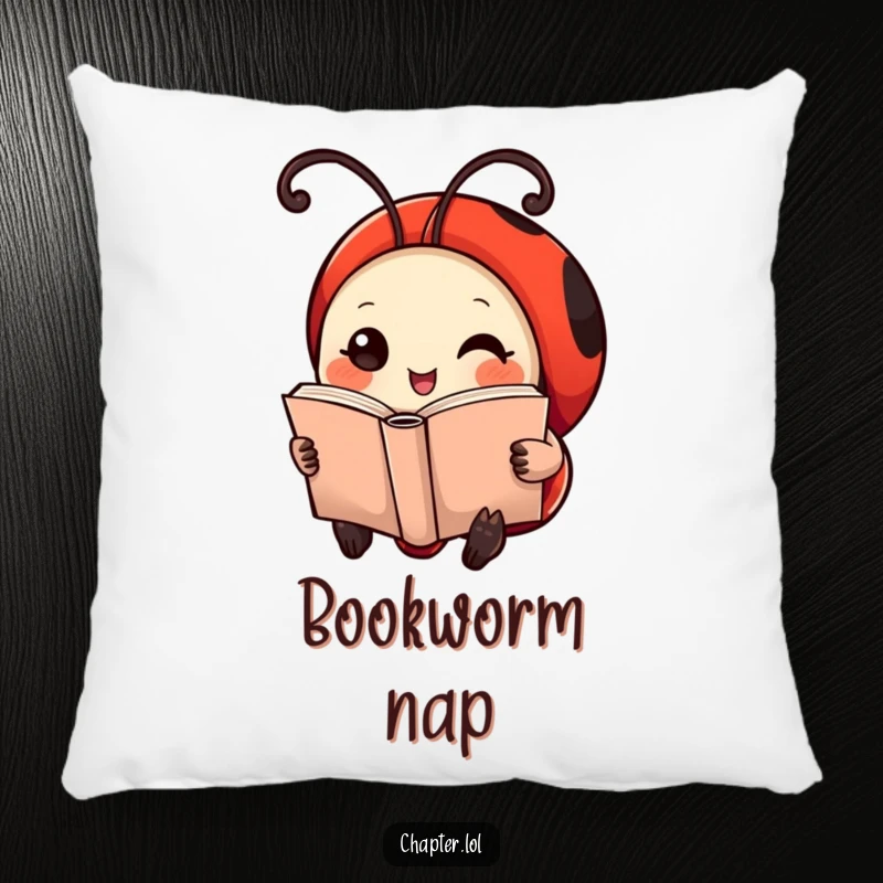 Funny Ladybug Pillow: A soft cushion featuring a cheerful ladybug with antennae curled like bookmarks, reading a tiny book.