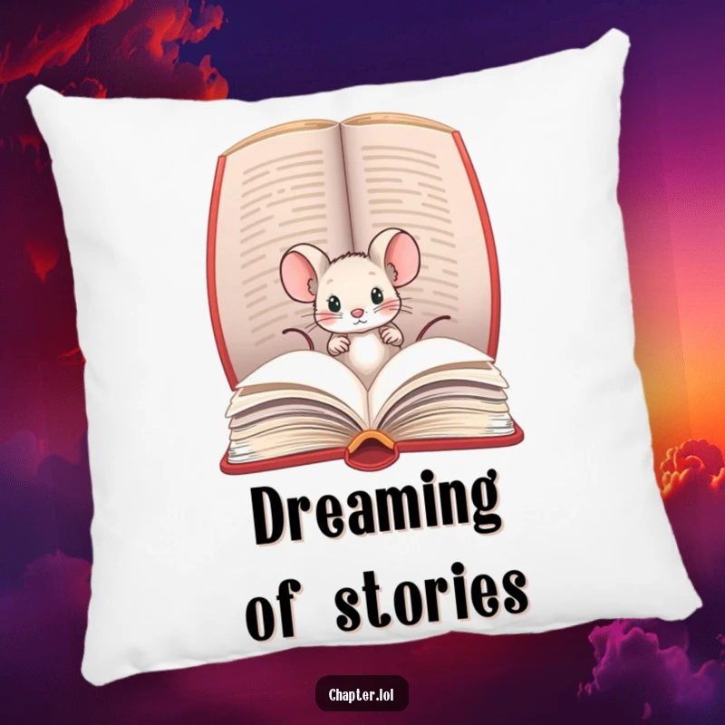 Funny pillow with a tiny mouse peeking out of a large book, adding a cozy and whimsical touch to any room.
