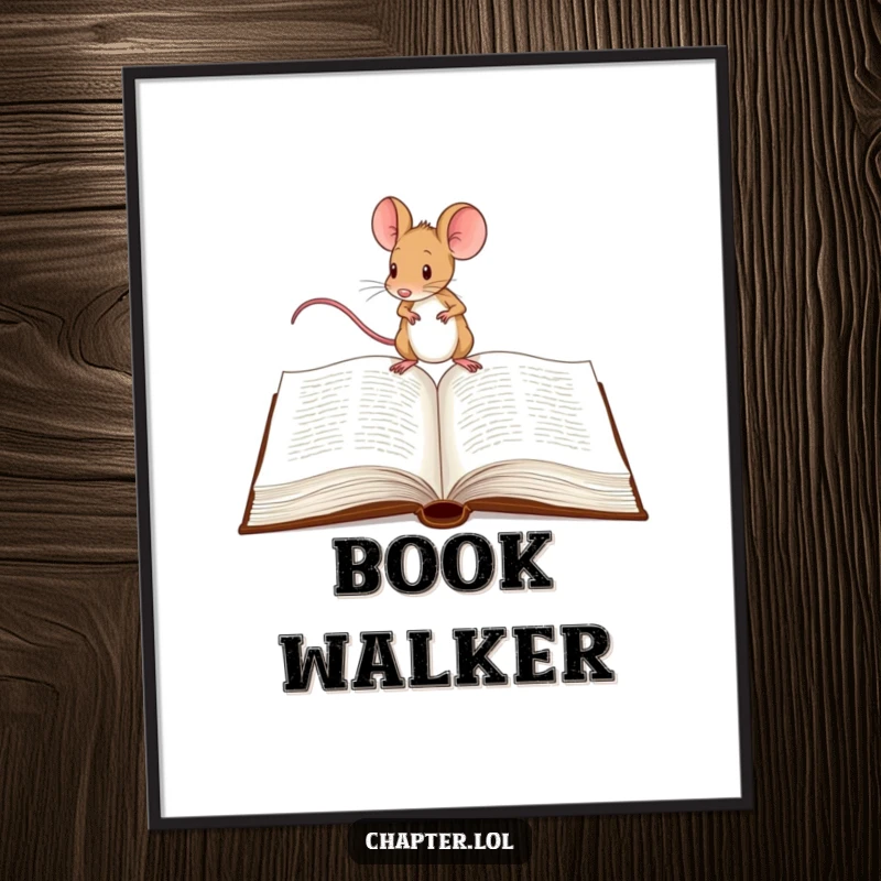 Funny Mouse Digital Art Print: A high-resolution, whimsical illustration of a determined mouse tiptoeing across a large open book.