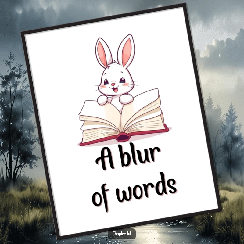 Funny digital art print of an energetic bunny enthusiastically turning the pages of a massive book, perfect for cheerful decor.