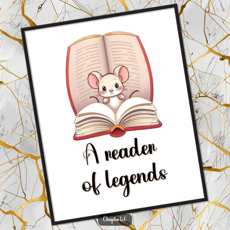 Funny digital art print of a tiny mouse peeking out from a large open book, perfect for adding literary magic.