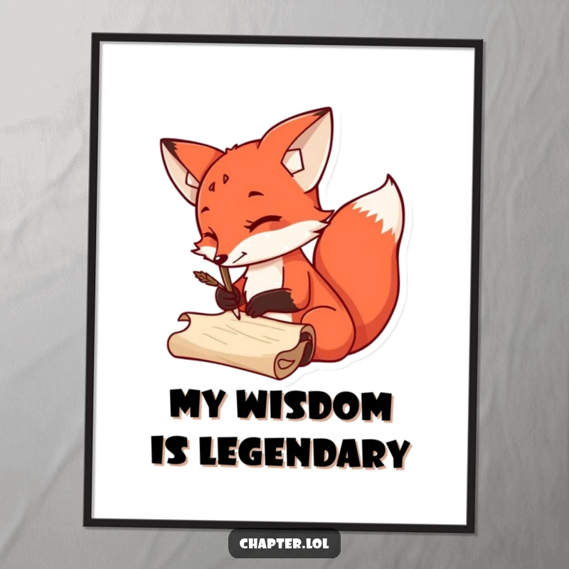 Funny Digital Art Print of a sly red fox with a quill pen, scribbling on a scroll, perfect humorous decor for creatives.