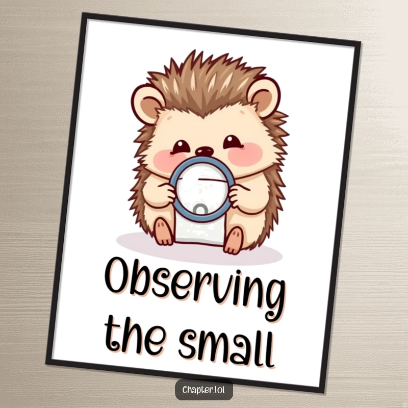 Funny digital art print of a cheerful hedgehog holding a magnifying glass over a tiny letter, perfect for detailed decor.
