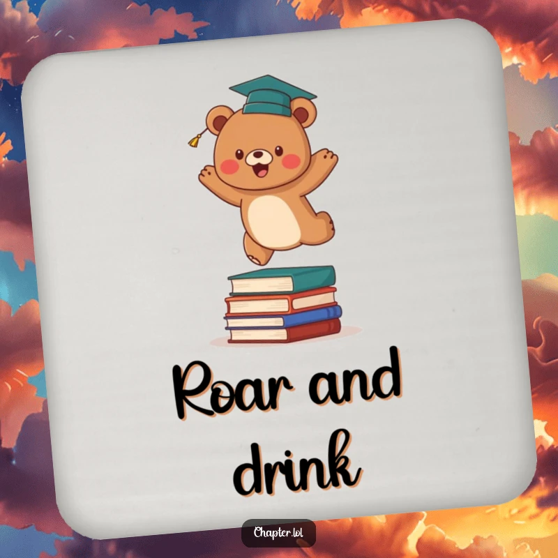 Funny graduation bear coaster featuring an energetic brown bear in a graduation cap, leaping over a stack of books. Protects furniture with humorous art.