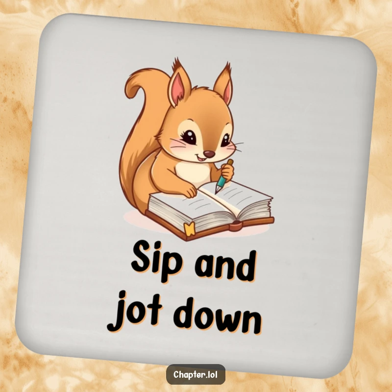 Funny drink coaster with a diligent squirrel writing notes with a quill pen in a journal, protecting surfaces with organized flair.