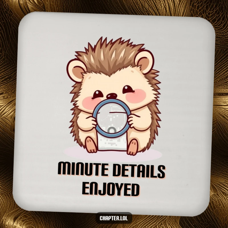 Funny drink coaster with a cheerful hedgehog examining a tiny letter with a magnifying glass, protecting furniture with precision.