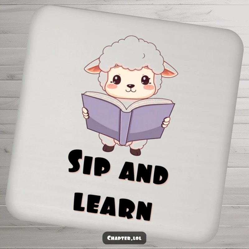 Funny sheep reader coaster featuring a fluffy white sheep holding a large open book, eyes wide with focus. Protects furniture with humorous literary art.
