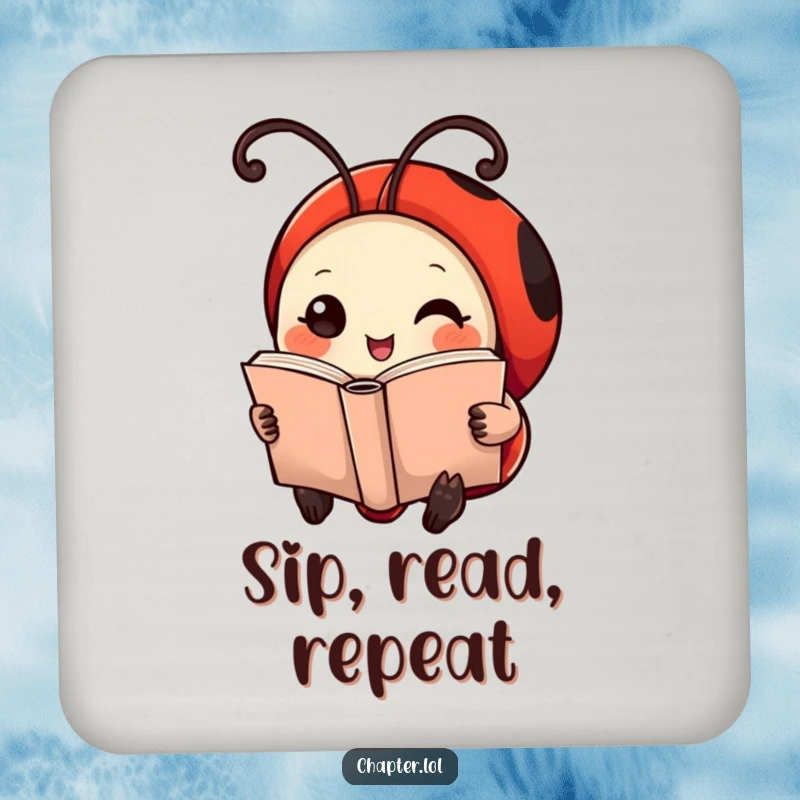 Funny Ladybug Coaster: A small coaster depicting a cheerful ladybug with antennae curled like bookmarks, reading a tiny book.