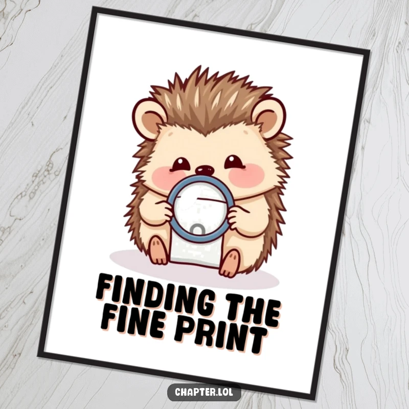 Funny poster featuring a cheerful hedgehog holding a magnifying glass over a tiny letter, highlighting precision and curiosity.