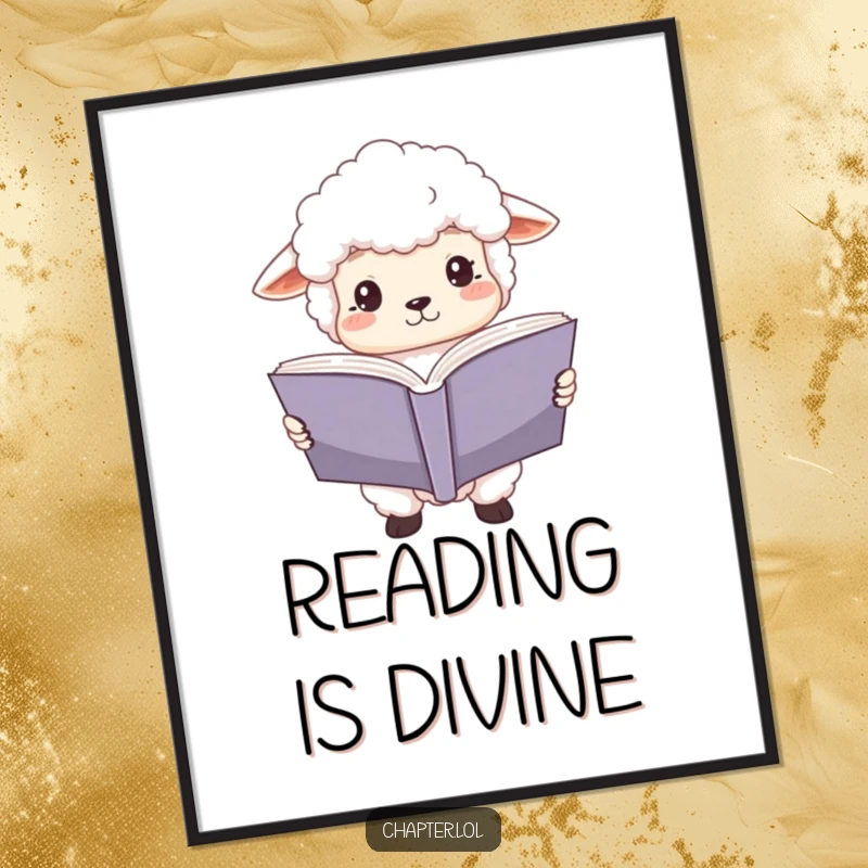 Funny sheep scholar poster featuring a fluffy white sheep with wide, focused eyes, engrossed in a large open book. Whimsical and literary wall art.