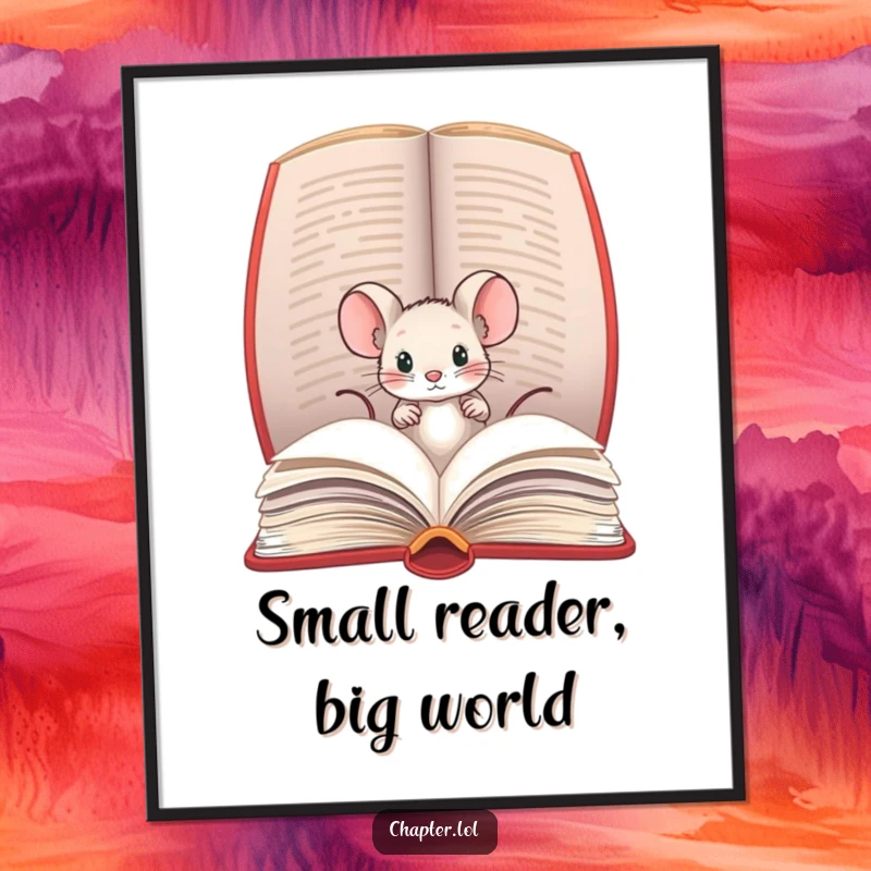 Funny poster featuring a tiny mouse peeking from an open book, creating a whimsical and literary atmosphere.