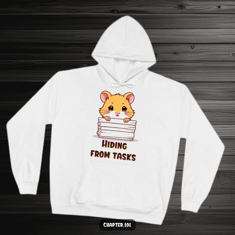 Funny Hamster Hoodie: Soft and warm, featuring a curious hamster peeking from behind a stack of paper.