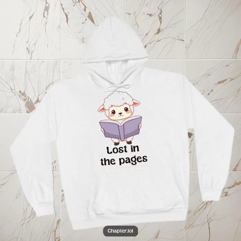 Funny sheep scholar hoodie depicting a fluffy white sheep with wide, focused eyes, engrossed in a large open book. Cozy and humorous apparel.