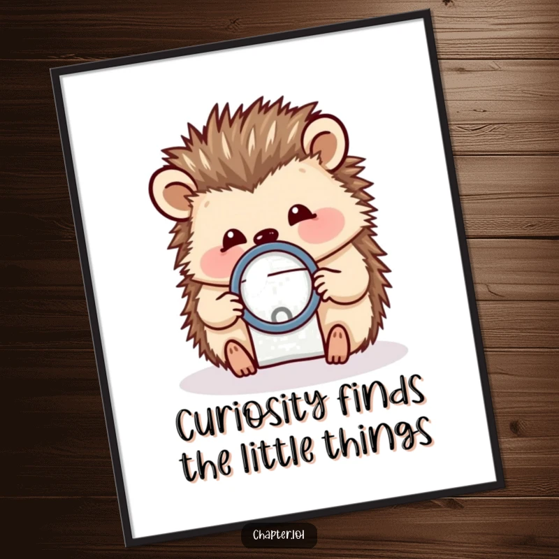 Funny Free Printable Wall Art: A cheerful hedgehog holding a magnifying glass over a tiny letter, symbolizing close examination.