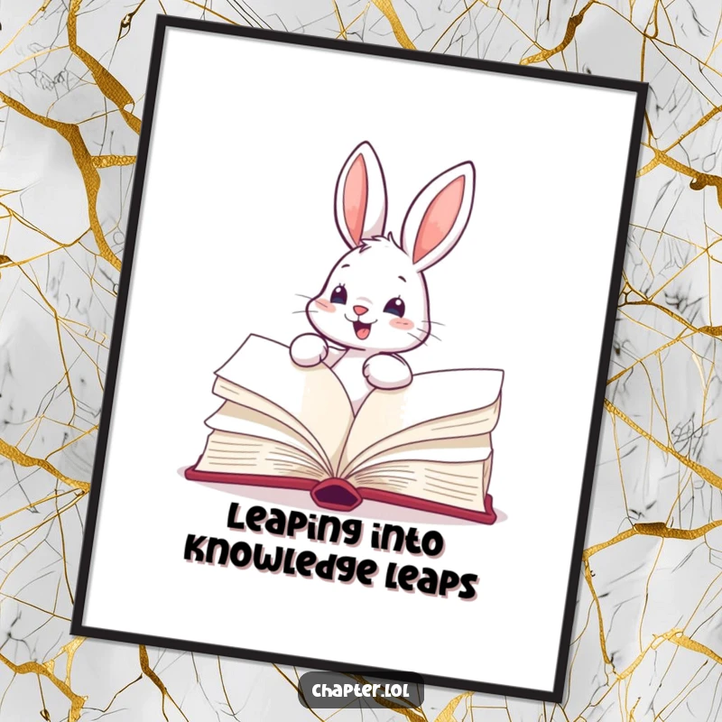Funny Free Printable Wall Art: A bouncing bunny enthusiastically turning the pages of a massive book, symbolizing a love for stories.