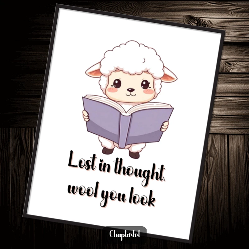 Funny Free Printable Wall Art: A fluffy white sheep holds a large open book, its eyes wide with intense focus.