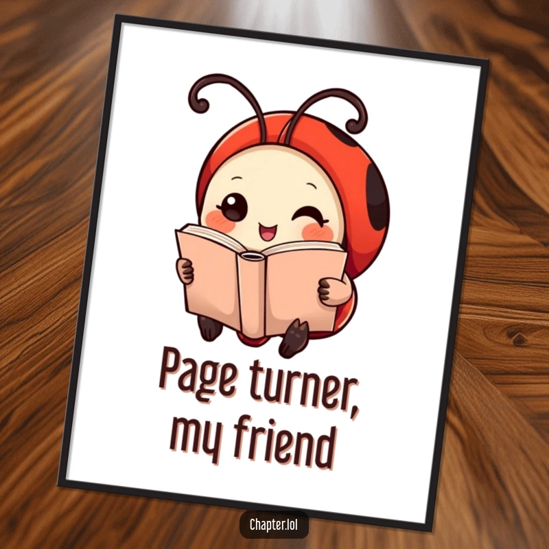 Funny free printable wall art: Cheerful ladybug with antennae as bookmarks, deeply engrossed in a tiny book.