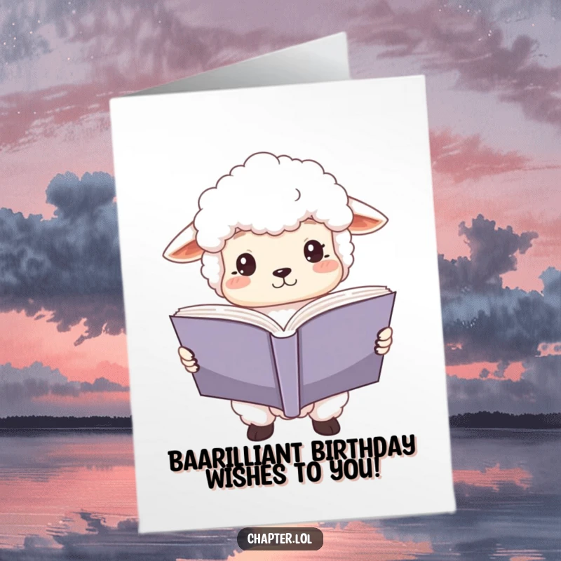 Funny Free Printable Birthday Card: A fluffy white sheep intently reads a large open book with wide, focused eyes.