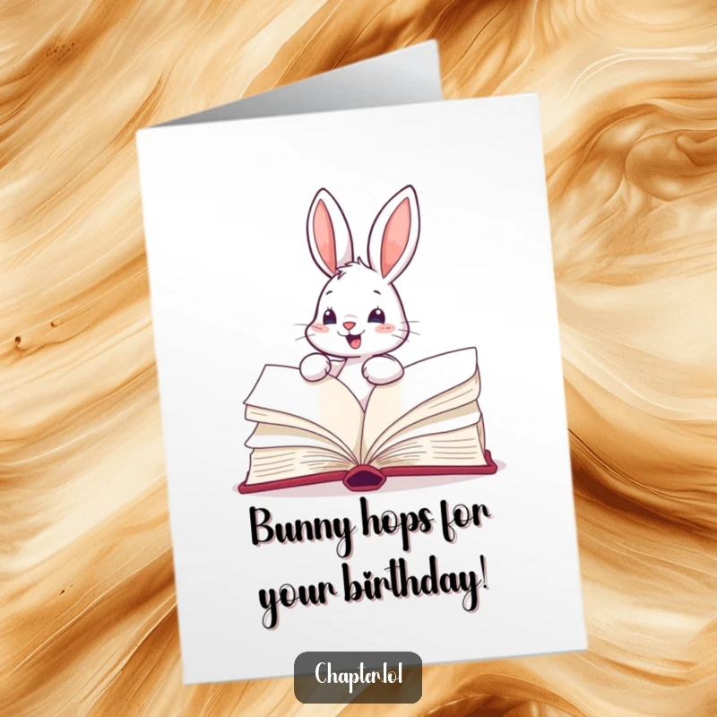 Funny Free Printable Birthday Card: Bouncing bunny rapidly turning pages of a massive book, symbolizing eagerness to learn.