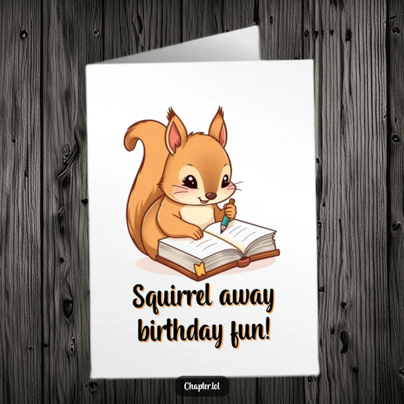 Funny Free Printable Birthday Card: Diligent squirrel writing notes with a quill in a journal, symbolizing reflection.