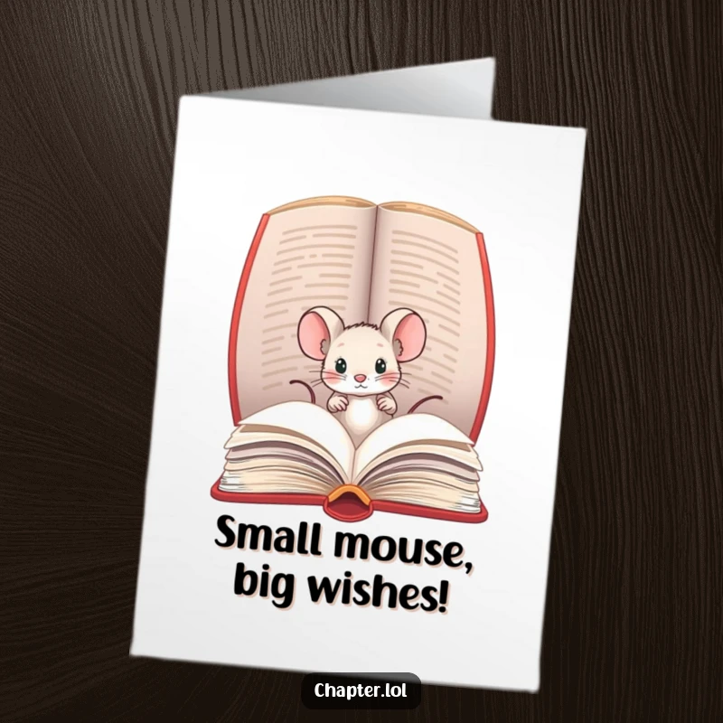 Funny Free Printable Birthday Card: Tiny mouse peeking from a large open book, a reader's secret companion.