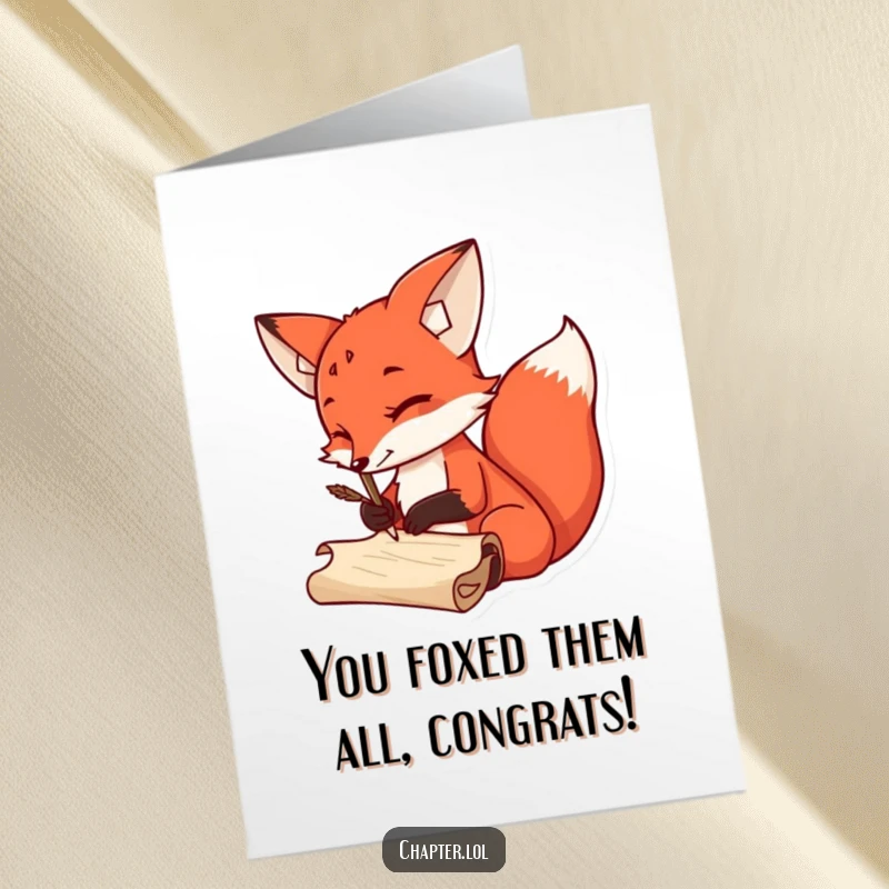 Funny free printable congratulations card: Sly red fox using a quill pen to write on a scroll, celebrating an achievement.