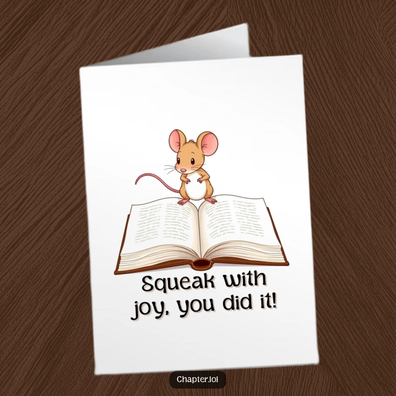 Funny free printable congratulations card: Determined mouse tiptoeing across a large book, symbolizing a journey. Print now.