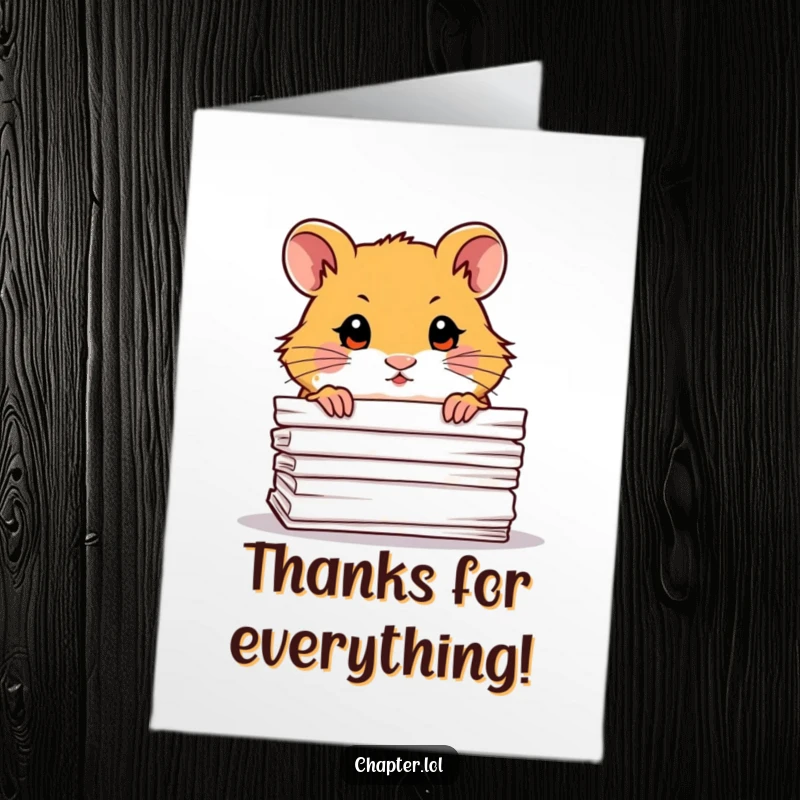 Funny free printable thank you card: Curious hamster peeking from behind paper, shyly expressing gratitude. DIY download.
