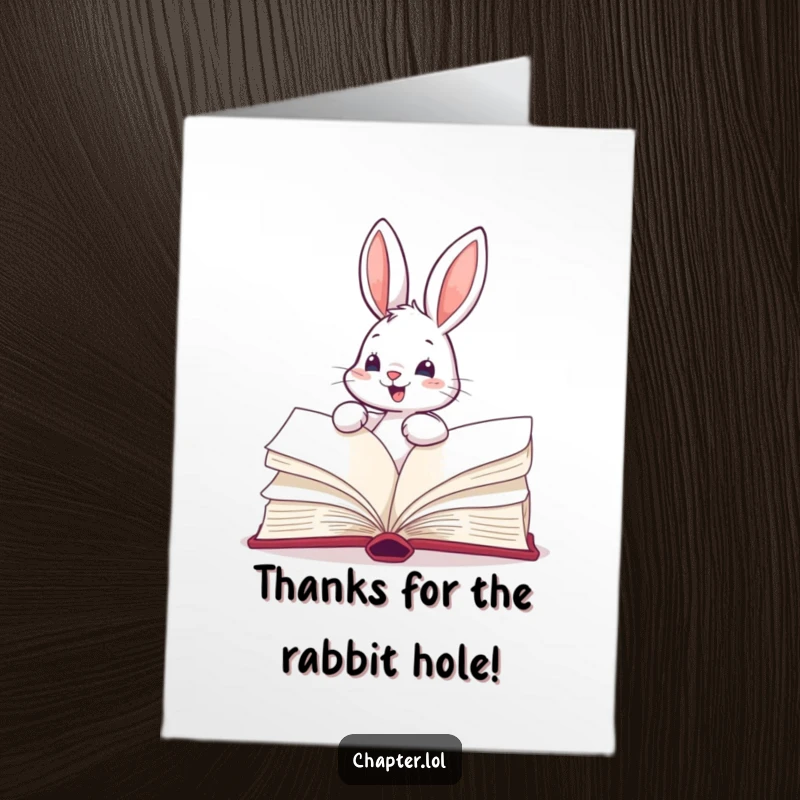 Funny Free Printable Thank You Card: Bouncing bunny enthusiastically flipping pages of a large book, showing eagerness.