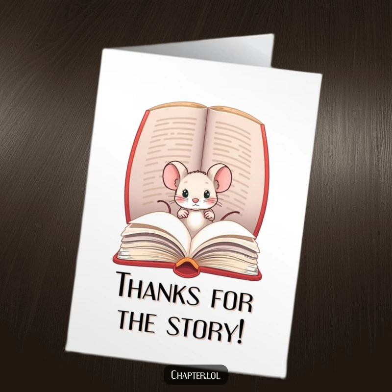 Funny Free Printable Thank You Card: Tiny mouse peeking from a book, a delightful way to show appreciation.