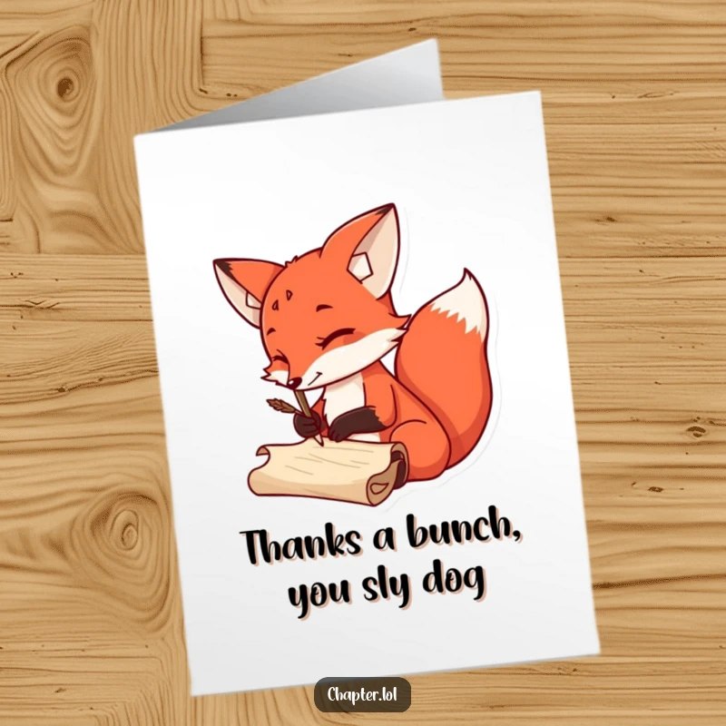 Funny free printable thank you card: Sly red fox with a quill pen writing on a scroll, conveying sincere gratitude humorously.