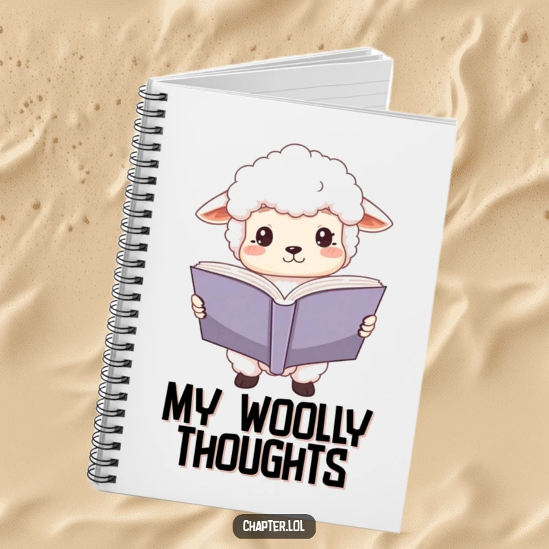 Funny sheep reader notebook featuring a fluffy white sheep holding a large open book, eyes wide with focus. Ideal for note-taking and creative writing.