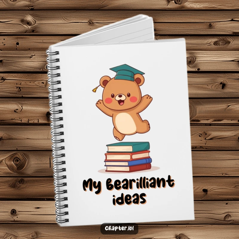 Funny graduation bear notebook featuring an energetic brown bear in a graduation cap, leaping over a stack of books. Ideal for capturing ambitious ideas.
