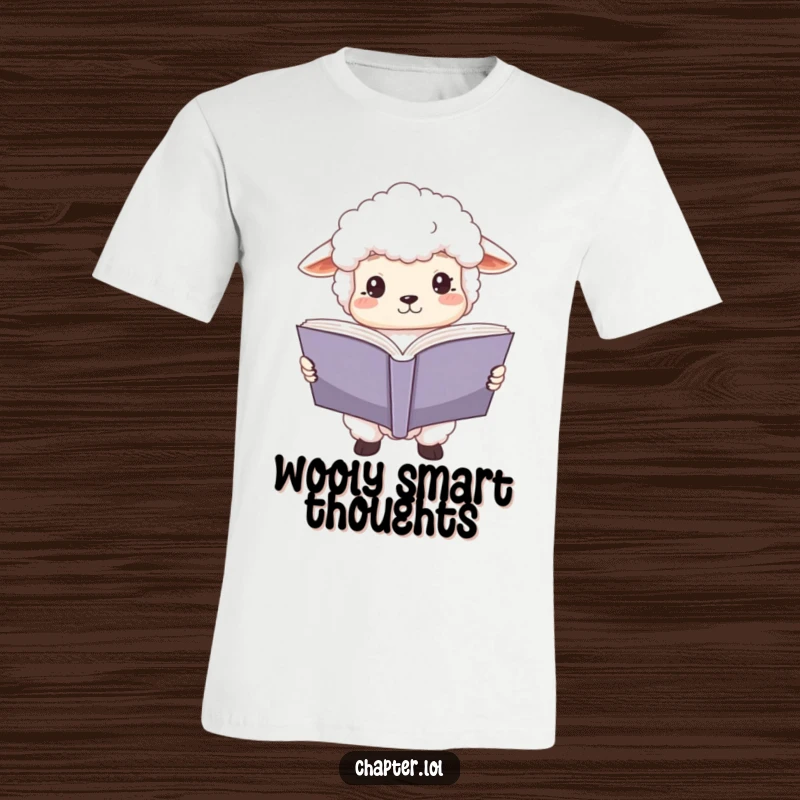 Funny sheep reader t-shirt with a fluffy white sheep holding a large open book, eyes wide with intense focus.