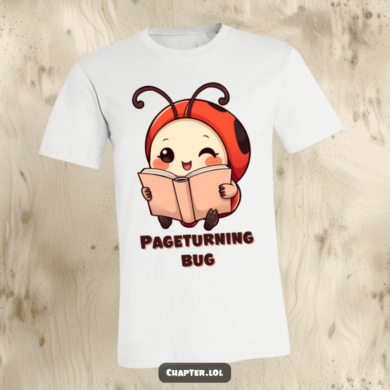 Funny Ladybug T-Shirt: A cute ladybug with antennae curled like bookmarks, engrossed in reading a small book.