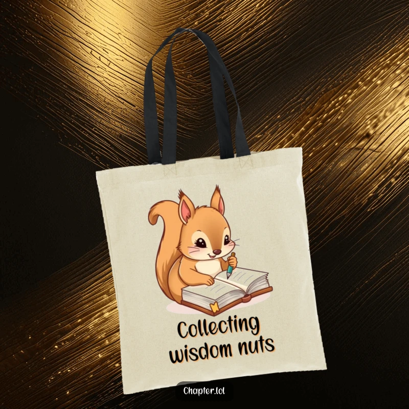 Funny tote bag with a diligent squirrel writing notes with a quill pen in a journal, ideal for organized individuals.