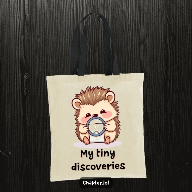Funny tote bag with a cheerful hedgehog examining a tiny letter with a magnifying glass, for those who notice everything.