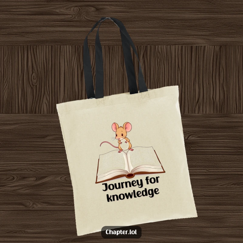 Funny Mouse Tote Bag: Artwork of a determined mouse tiptoeing across the pages of a large open book.